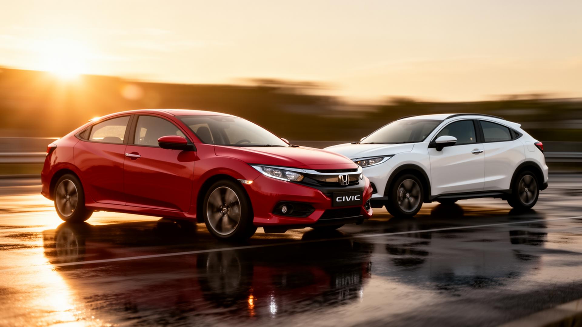 Honda Civic merah dan HR-V putih di showroom Honda Madura
